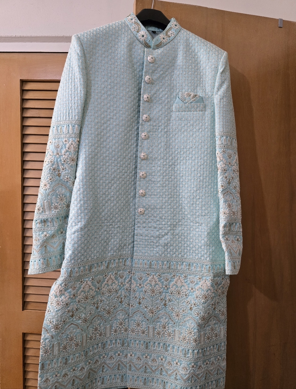 Reformation Pale Aqua Embroidered Nehru Coat